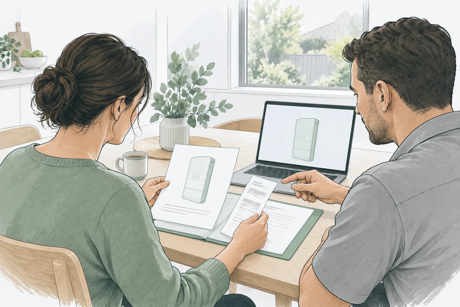 Conceptual illustration of a homeowner and service coordinator checking an installation folder, receipt and product record.