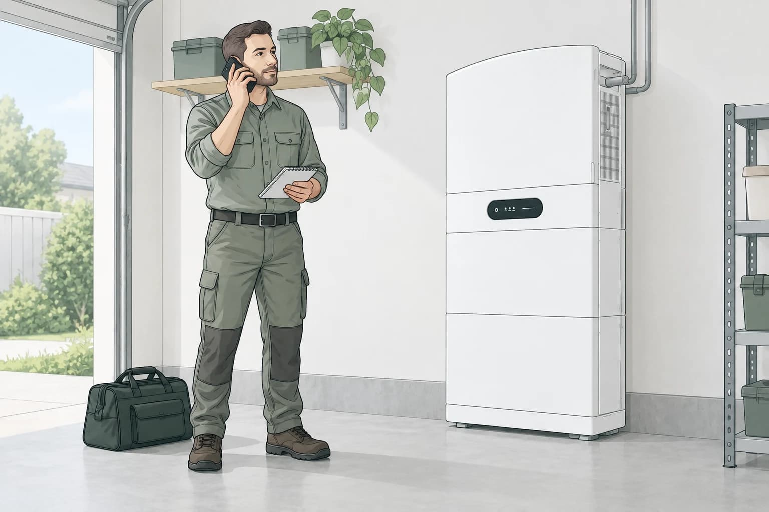 Conceptual illustration of a technician contacting support beside a closed Smart Lifestyle battery cabinet.