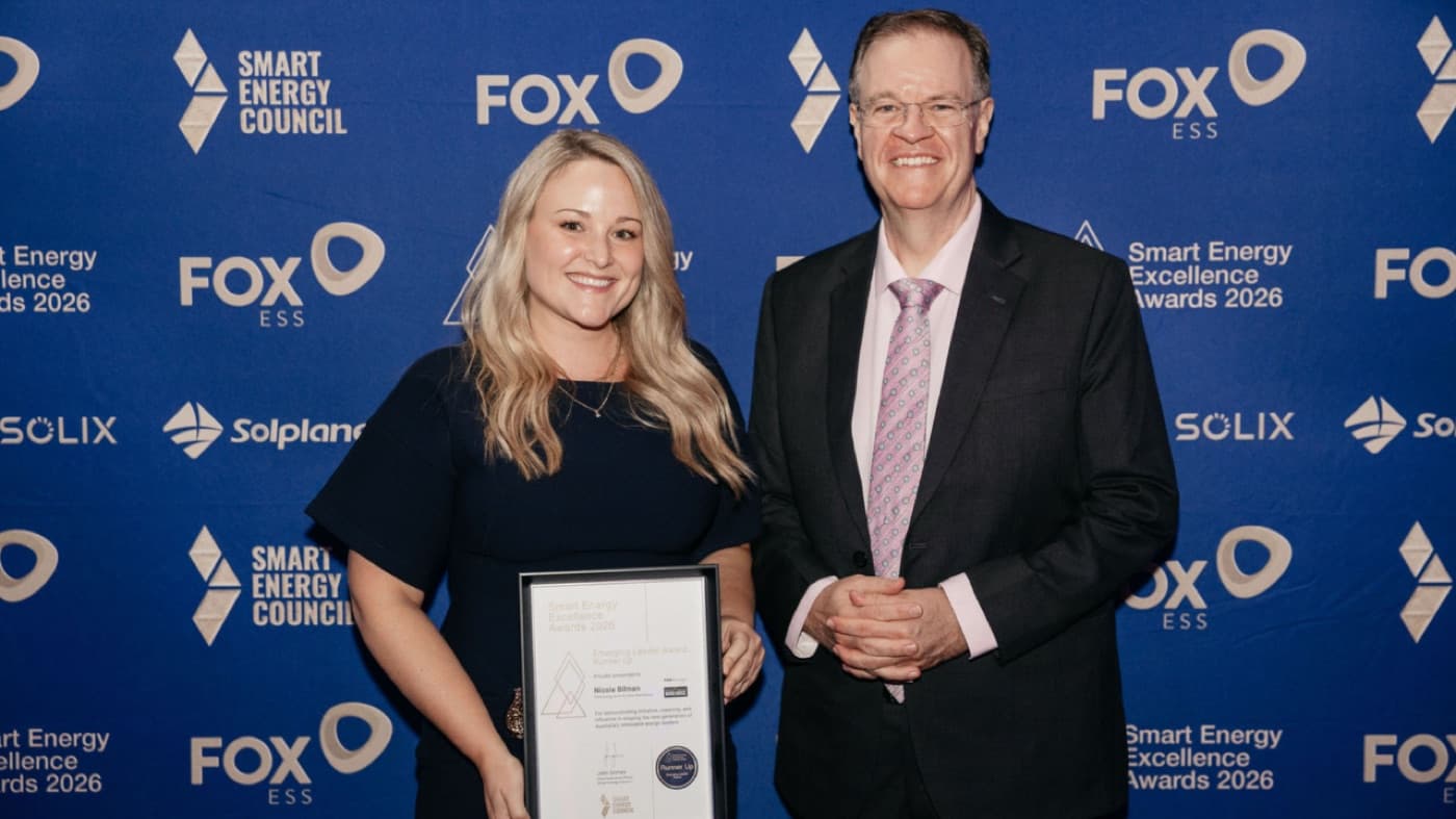 Nicole Bilman with Smart Energy Council chief executive John Grimes at the 2026 Smart Energy Excellence Awards.