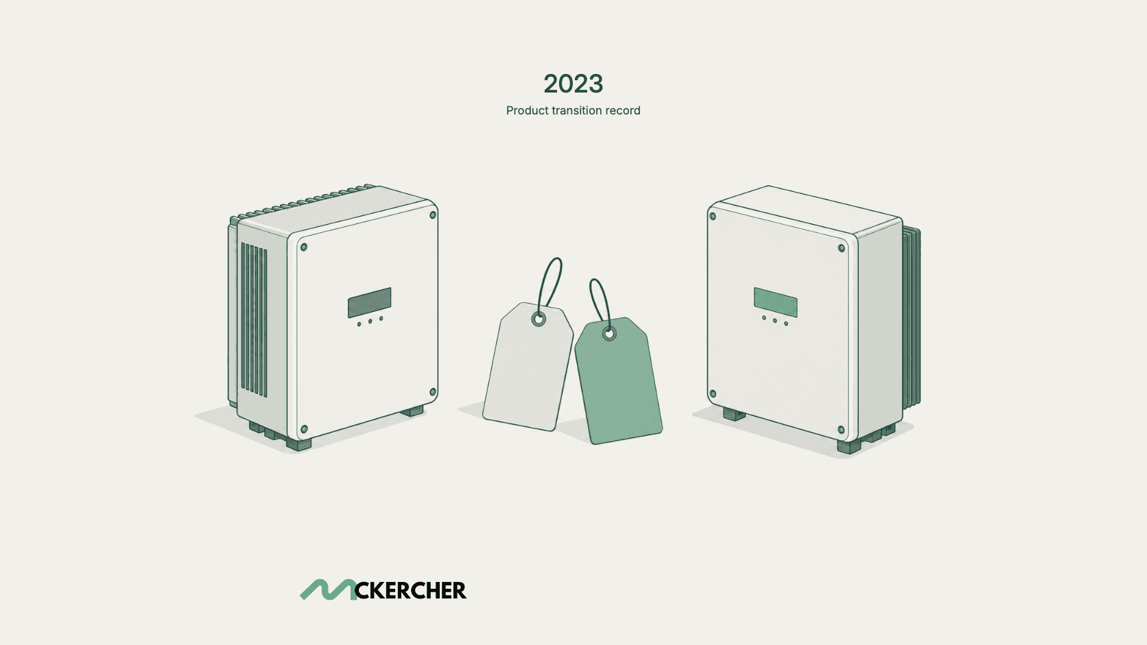 Conceptual illustration of two inverter enclosures and blank identity tags, labelled 2023 product transition record.