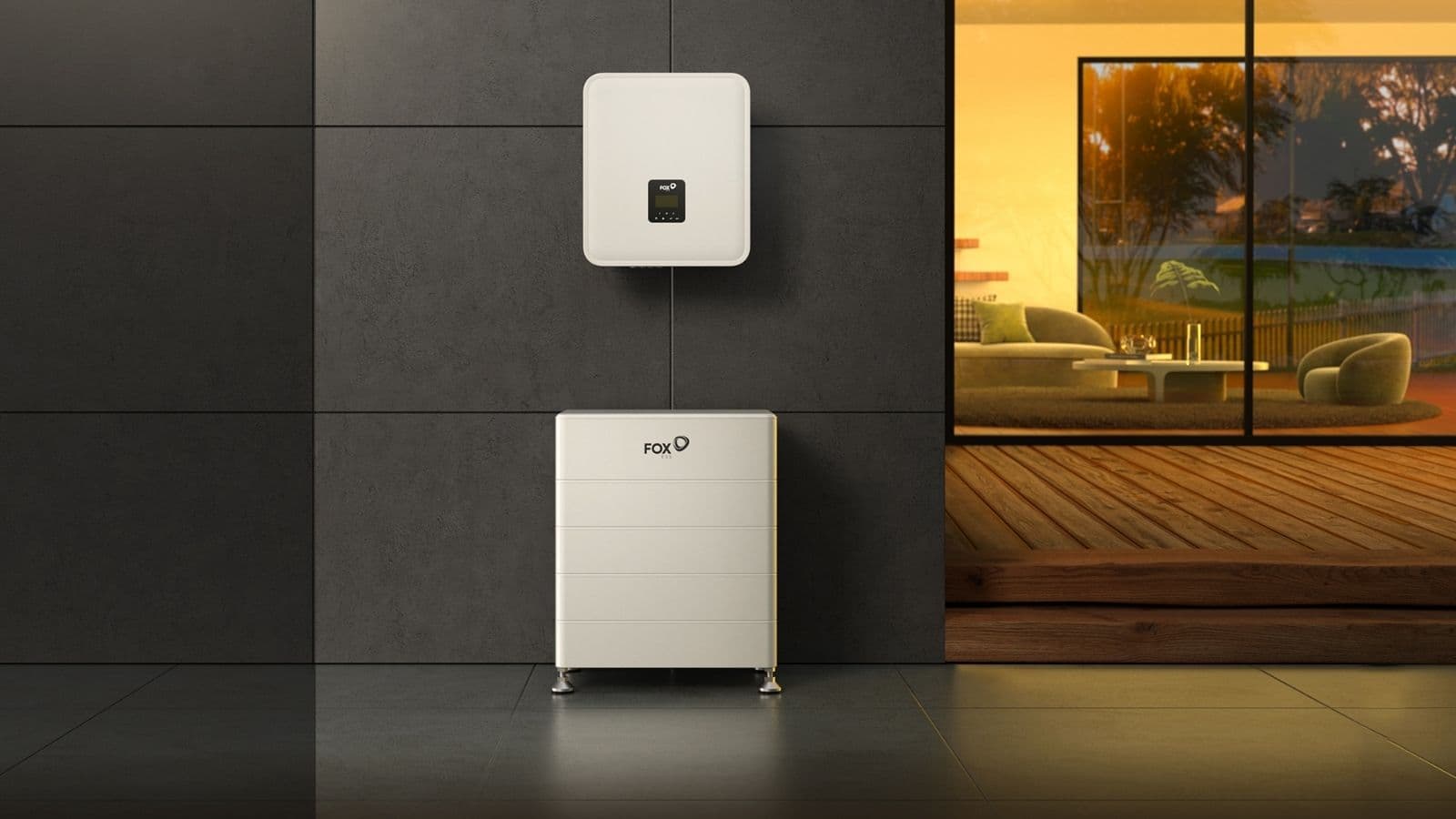 White Fox ESS inverter and modular home battery against a dark wall beside a lit living room