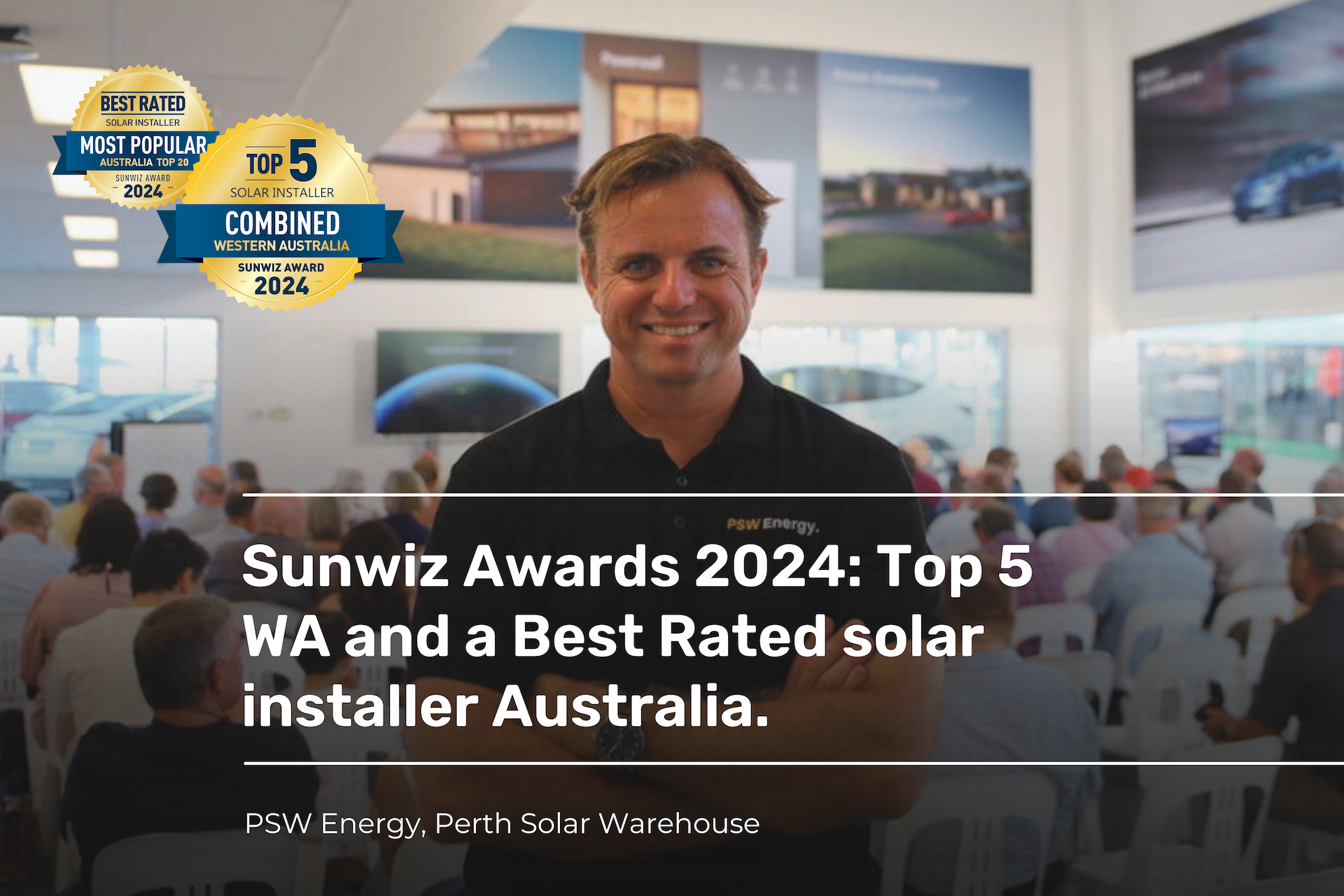 Derek McKercher with arms folded and smiling with Sunwiz Awards 2024 logos in the top left corner